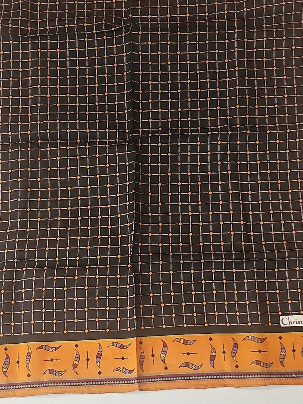 Authentic Vintage Christian Dior Cotton Handkerchief Scarf Black Orange 18x18